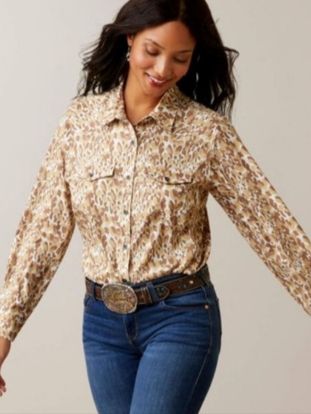 Leopard Print Button-Up Shirt in Beige & Brown